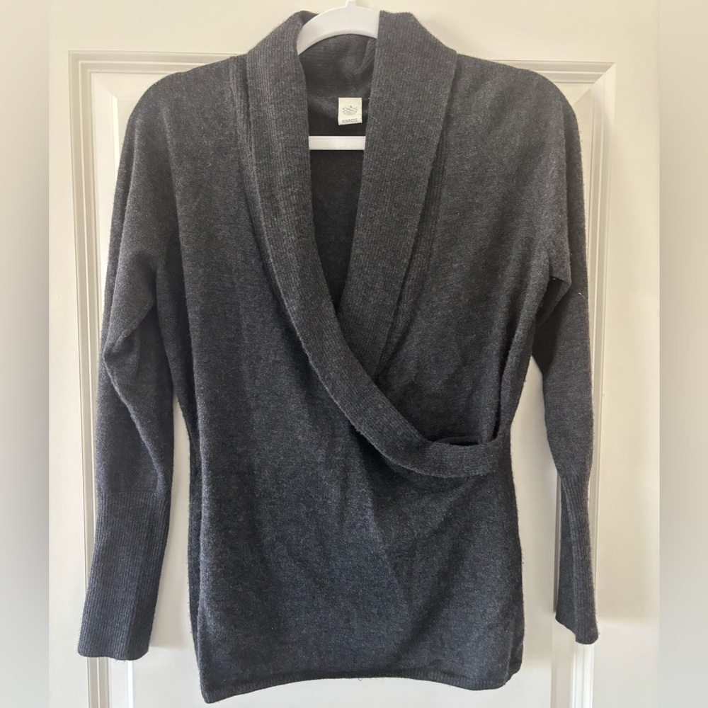 Kinross 100% cashmere wrap-style sweater, shawl neckline. Size M. Dark gre